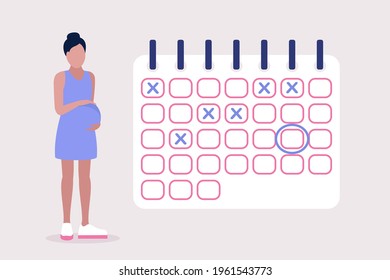 Illustration of pregnant woman. Pregnant calendar. Young woman planning dates on the calendar. Colorful flat vector illustration.