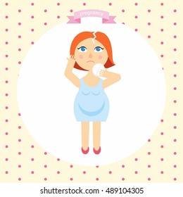 illustration of a pregnant woman cartoon with a headache. symptoms of pregnancy