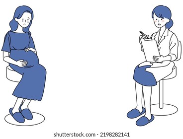 Illustration of a pregnant woman crying with anxiety in front of a doctor