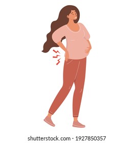 Illustration of a pregnant woman experiencing back pain. She holds her back with one hand and her stomach with the other. Diseases of pregnancy. Women's consultation, gynecology, pregnancy symptoms