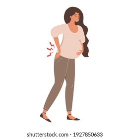 Illustration of a pregnant woman experiencing back pain. She holds her back with one hand and her stomach with the other. Diseases of pregnancy. Women's consultation, gynecology, pregnancy symptoms