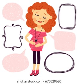 Illustration with pregnant woman and frames for text. Cartoon style. Template greeting card, print or invitation.