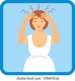 illustration of a pregnant woman with a headache. symptoms of pregnancy
