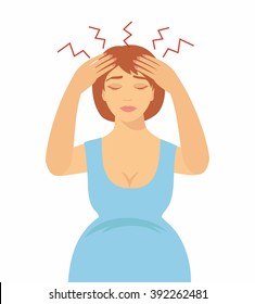 illustration of a pregnant woman with a headache. symptoms of pregnancy