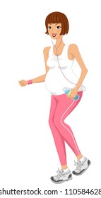 Illustration of a Pregnant Woman Jogging While Listening to Music