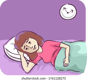 Illustration of a Pregnant Woman Lying Down in Bed and Not Sleeping