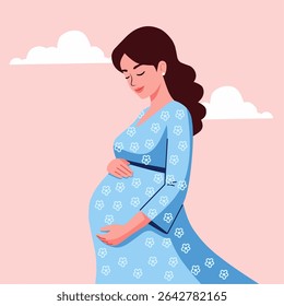 illustration of a pregnant woman in a patterned blue dress, gently touching her belly. A calm and stylish maternity design with pink background and clouds