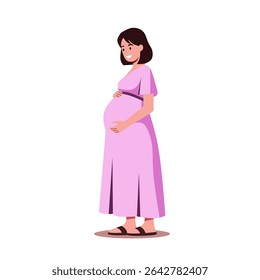 ilustração de uma mulher grávida em um vestido rosa, de pé calmamente com as mãos na barriga. Design de maternidade minimalista e limpo em estilo plano