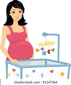 Illustration of a Pregnant Woman Standing Beside a Crib