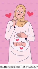 Ilustração de uma mulher grávida vestindo um hijab, abraçando a maternidade com um bebê em seu estômago. Belo Conceito Islâmico De Maternidade, Mulher Muçulmana Esperante, Viagem De Gravidez, Amor De Família