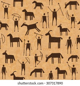 Illustration of prehistoric cave art paintings seamless pattern