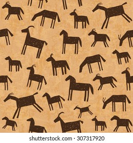 Illustration of prehistoric cave art paintings seamless pattern