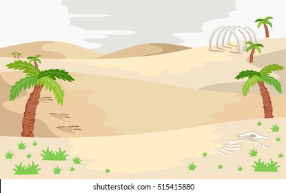 Illustration of a Prehistoric Landscape Featuring a Sandy Area Littered with Dinosaur Bones