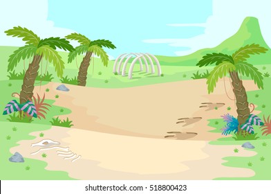 Illustration of a Prehistoric Scene Featuring Palm Trees and Dinosaur Bones