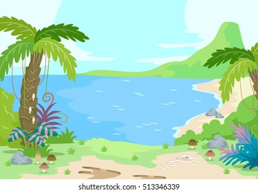Illustration of a Prehistoric Scene Featuring a Peaceful Island Dotted with Palm Trees and a Volcano in the Background