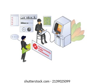 Ilustración del estilo isométrico del vector premium sobre la banca atm y las finanzas con un carácter