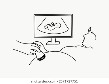 Illustration of a prenatal ultrasound. A hand holds a scanner on a pregnant belly, displaying a baby on a monitor. Prenatal care visualization. Simple black line art doodle vector.