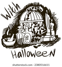 Illustration preparation for a potion of cooking from a witch. Black-and-white sketch with ink-like strokes, a marker. Vector illustration, sketch. Seamless texture. Cage, flowers, poisons. Black pen