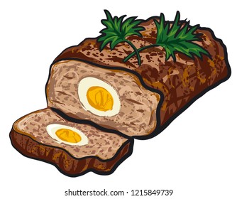 illustration of prepared meat loaf with egg on a plate