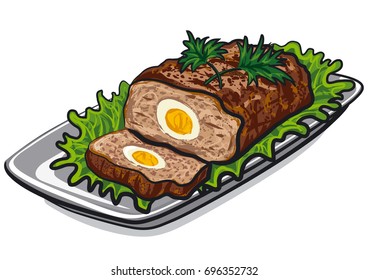 illustration of prepared meat loaf with egg and lettuce on plate