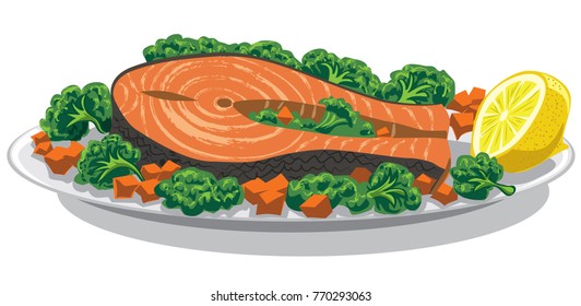 illustration of prepared salmon with lemon on plate