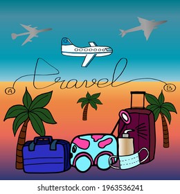 illustration of preparing for a vacation. safe airplane travel. airplane in the sky, hot sand, blue sky