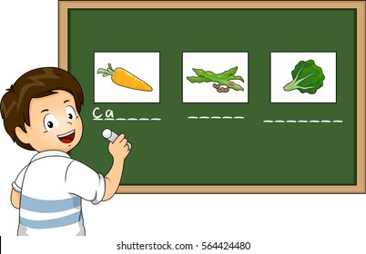 Illustration of a Preschool Boy Matching the Names of Vegetables on the Board With Their Corresponding Pictures