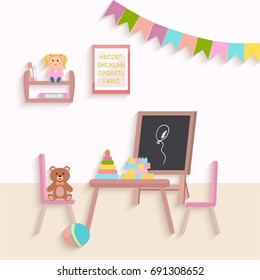 Illustration of preschool kid room with table, alphabet, chairs, blackboard and toys.