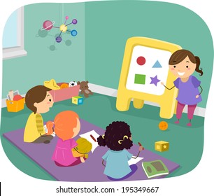 Illustration of Preschool Kids Learning Basic Shapes