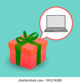 Illustration of a present with a comic balloon and a laptop