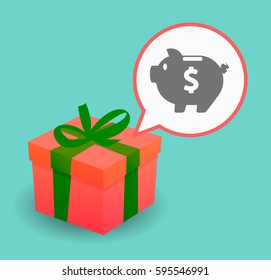 Illustration of a present with a comic balloon and a piggy bank
