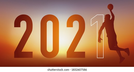 Illustration for a presentation of the agenda of the 2021 basketball season, with a basketball player leaping to score.