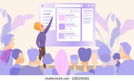 Illustration Presentation Digital Product Company. Vector Image Young Man Talks About New Product by Potential Consumer. Group People Watching on Monitor an Online Service Developed by Company