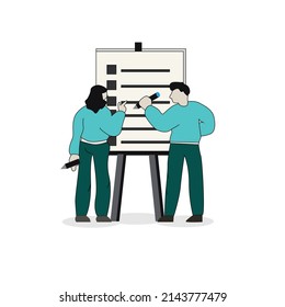 
An illustration of a presentation in front of a whiteboard. 2 people doing explanations to clients about their products.