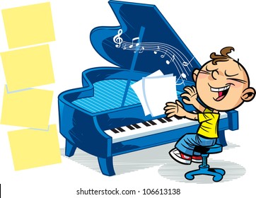 The illustration presented to the boy who plays the grand piano