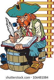 The illustration presented a pirate captain.He sits on the barrel and makes an entry in the logbook.Illustration done in cartoon style.