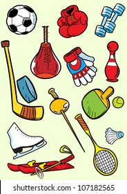The illustration presented sports equipment in a cartoon style. Drawing done on separate layers.