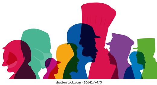 illustration presenting the main trades through silhouettes of professionals seen in profile with their different headgear.