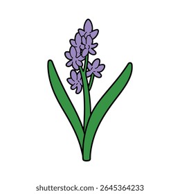 Uma ilustração apresenta uma flor de lavanda estilo cartum com pétalas roxas agrupadas ao longo de um tronco verde. Duas folhas com contornos pretos enquadram o caule.