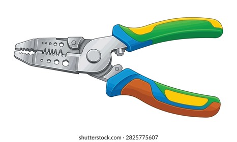 The illustration presents a close-up view of a silver multitool pliers set against a plain white background. Distinctive features include a serrated cutting edge and multiple hexagonal cutouts for wire stripping, along with various circular and oval holes. Additional visual details such as a spring mechanism, rivets, and a textured metal surface are clearly visible.