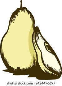 The illustration presents a detailed portrayal of a pear fruit, capturing its characteristic shape, texture, and coloration