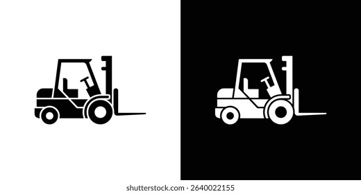 Illustration presents a forklift truck icon, shown in both black on white and white on black backgrounds, suitable for logistics, warehousing, and material handling themes.