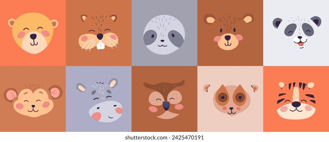 illustration presents a joyful array of stylized animal faces, each with unique features, ideal for educational materials or children playtime fun