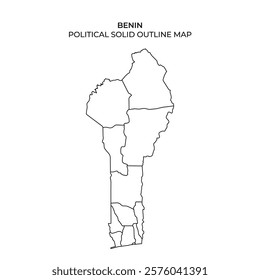 The illustration presents a solid outline map of Benin, clearly marking its political divisions. It focuses on state lines and geographical features unique to the country.