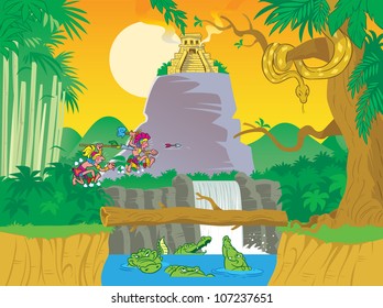 The illustration presents tropical jungle. In the figure a lot of trees,lake with alligators,   religious temple. Two Indians, running through the grass. Illustration done on separate layers.