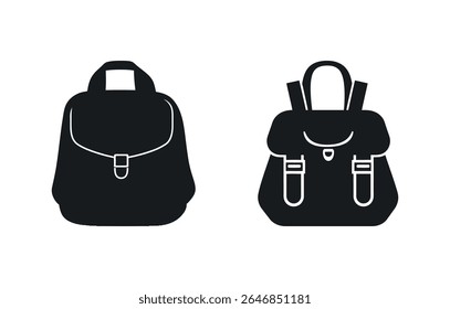 A ilustração apresenta dois ícones diferentes de mochila preta vetorial exibidos contra um fundo branco, adequados para design gráfico, projetos da Web e materiais educacionais.