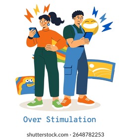 The illustration presents two individuals absorbed in their phones, highlighting the theme of over-stimulation from digital devices. It reflects contemporary challenges of focus and mental overload in
