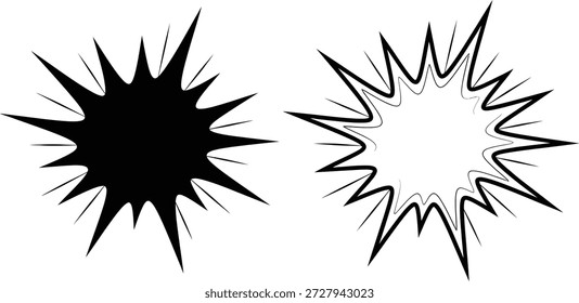 Illustration presents two starburst explosion graphics one filled in solid black, one with a white center outlined in bold black strokes, isolated on a white background.