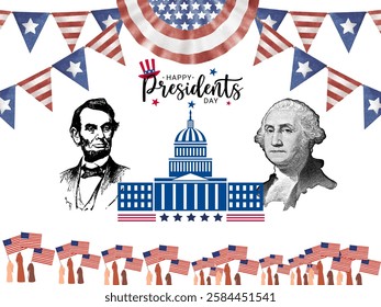 illustration of president's day with US presidents george W washington and abraham lincoln, american flag and vector of white house.