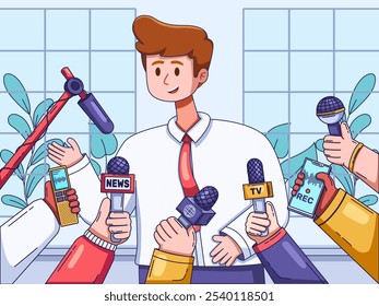 Illustration of a press conference scene featuring a person surrounded by multiple reporters and media representatives, each holding microphones and recording devices